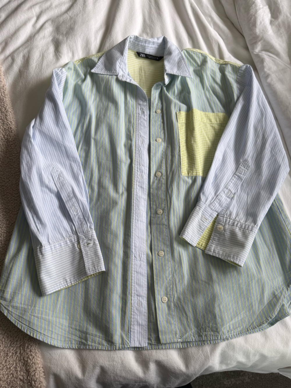 Zara Light Blue and Yellow Striped Button-Down Shirt